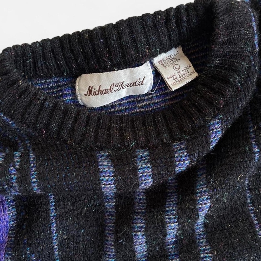Vintage Michael Gerald Black Purple Blue Gray Knit Retro Funky 80s 90s Sweater - Picture 2 of 6